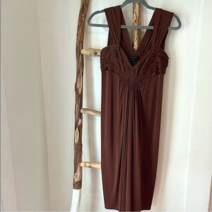 BCBGMaxAzria Chocolate Brown Ruched V-Neck Draped Stretch Jersey Midi Dress Smal